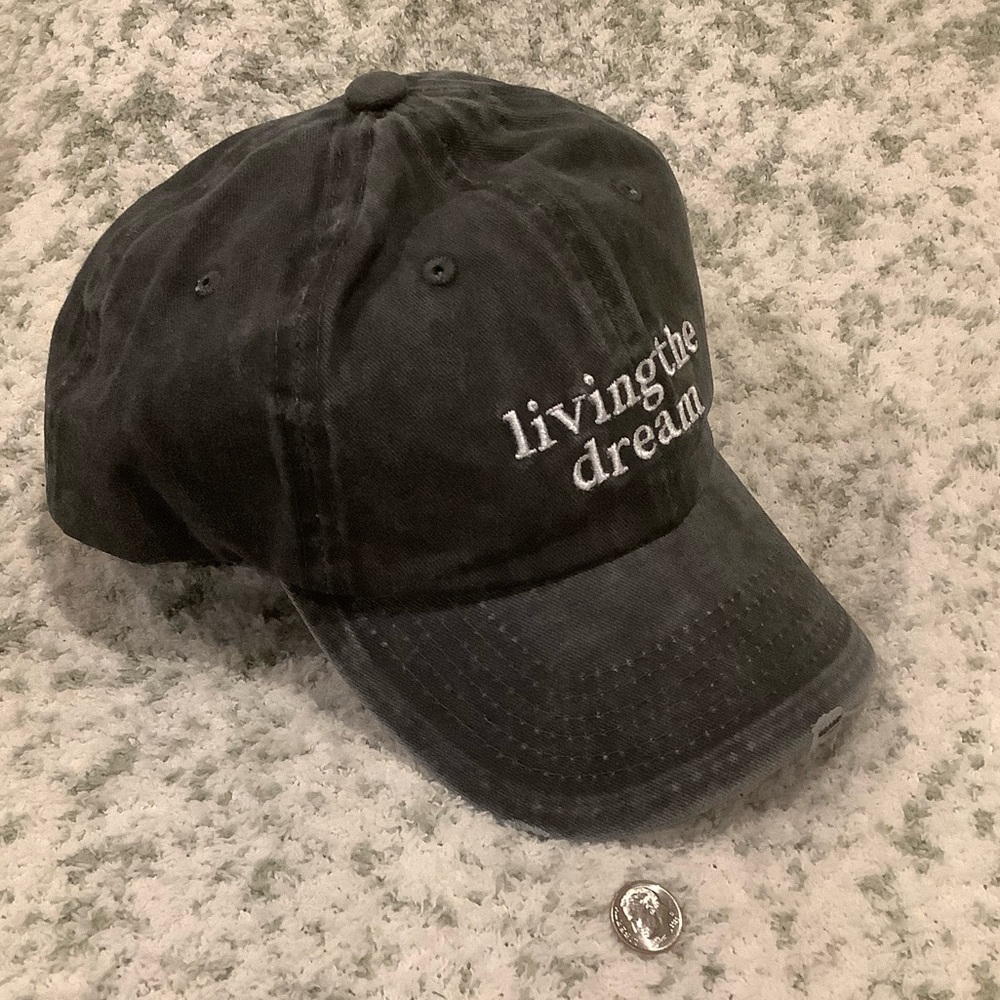Black Stonewashed Distressed  'Living the Dream' Baseball Cap NWT Cotton - Picture 13 of 16